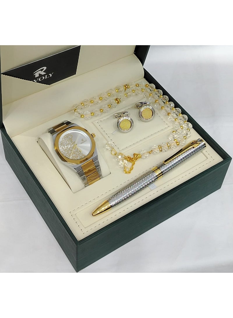 A men's set from the Rivoly brand consisting of a wristwatch decorated with Arabic inscriptions, a pen, a rosary, and a pair of cufflinks in a luxurious gift box.